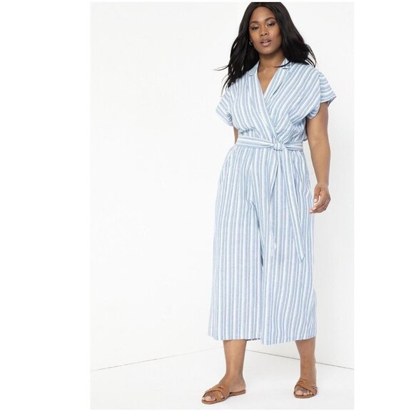 Eloquii Jumpsuit Blue White Striped Linen Blend Straight Leg Size 28 Collared - Picture 1 of 7